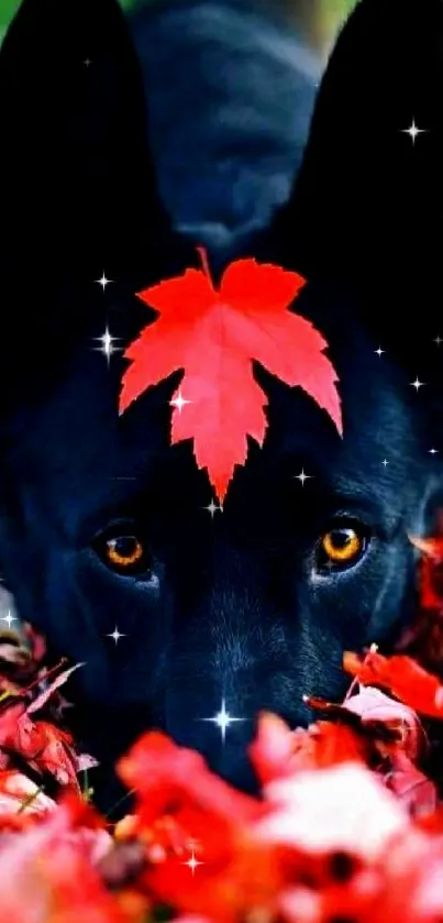 Black dog with red leaf on head amidst autumn leaves.