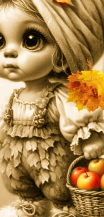 Vintage doll with apples and autumn leaves in sepia tones.