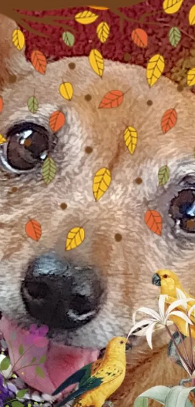 Animated wallpaper of a smiling dog with autumn leaves and birds.