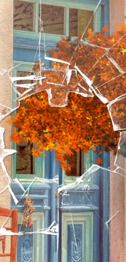 Orange leaves framed by cracked glass on vintage door.