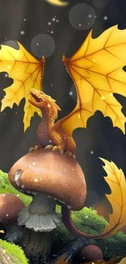 Fantasy art of a dragon with leaf wings sitting on a mushroom in an autumn forest.