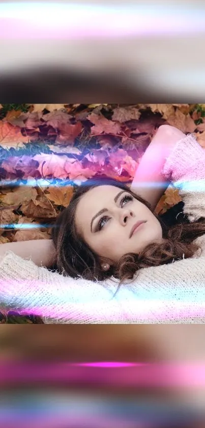 Woman lying on autumn leaves in dreamy ambiance with colorful light effects.