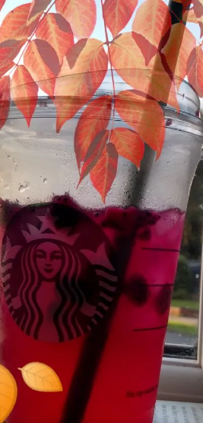 Autumn-themed drink by the window with vibrant leaves and a refreshing vibe.