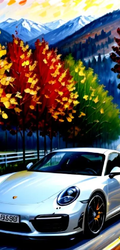 White Porsche driving through autumn landscape with colorful trees.