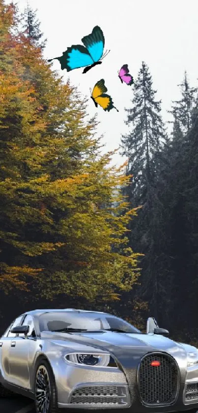 Luxury car in autumn forest with butterflies above.