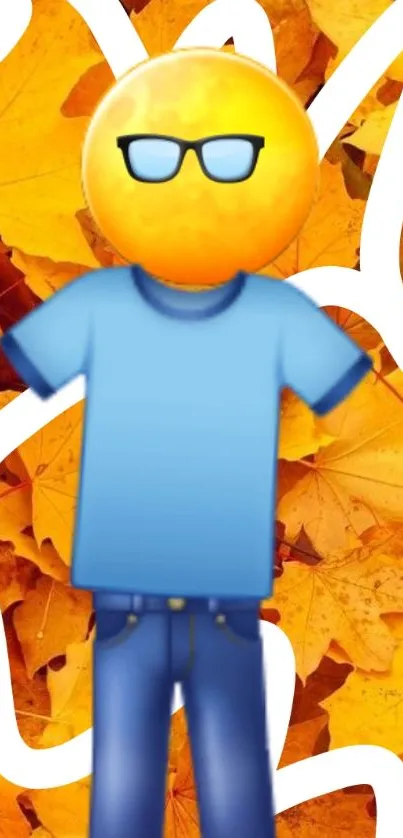 Cool emoji amidst vibrant autumn leaves.