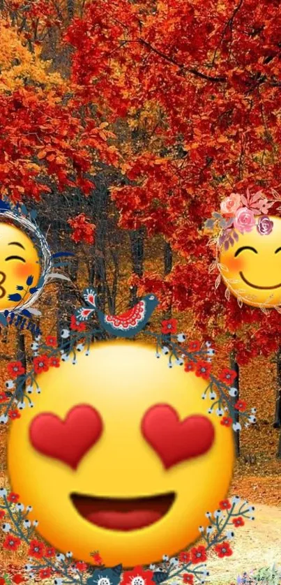 Autumn forest with emoticons in vibrant colors and red leaves.