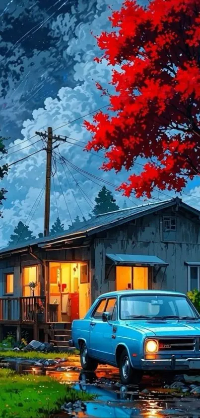 Vintage car under red maple tree in autumn evening.