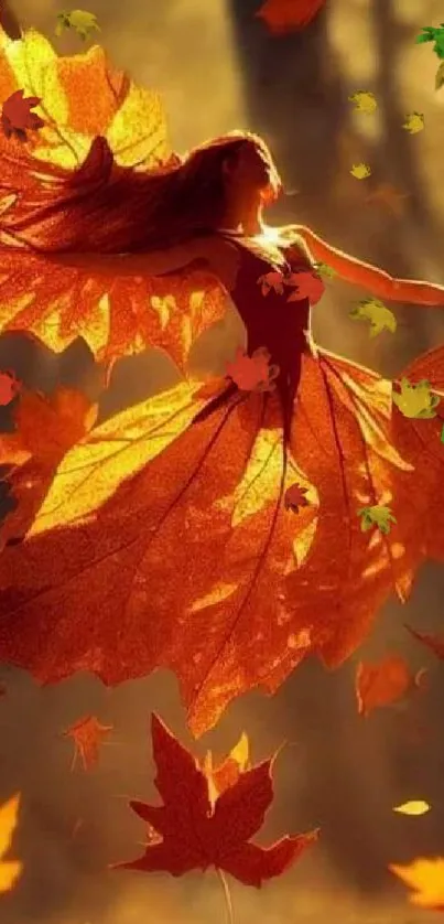 A fairy in a golden leaf dress dancing amidst autumn leaves in a forest.