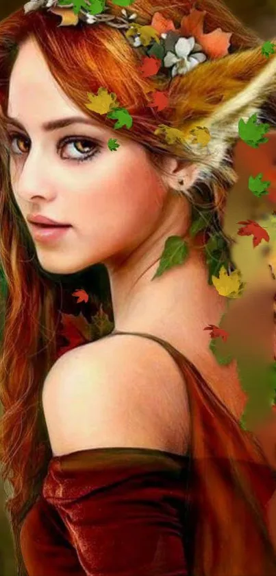 Enchanting autumn fairy with vibrant leaves in her hair.