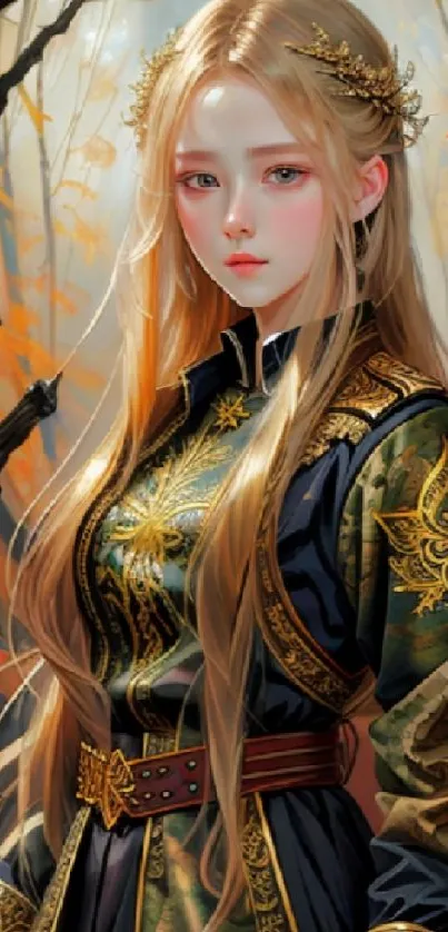 Fantasy character in autumn forest with orange foliage and intricate attire.