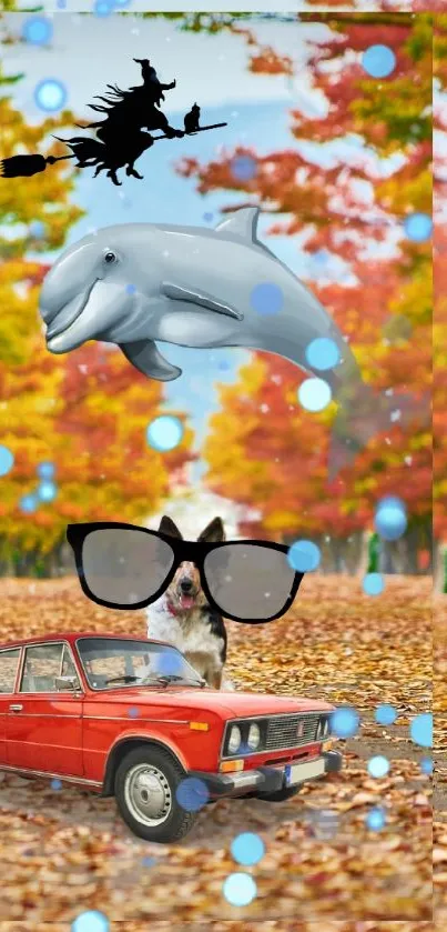 Whimsical autumn scene with car, dolphin, and witch on leaf-covered path.