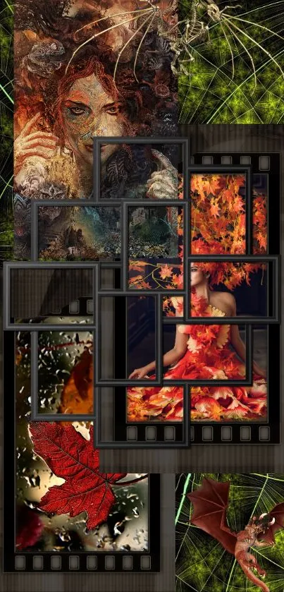 A fantasy collage wallpaper with autumn leaves and mystical art.