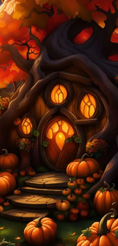 Vibrant autumn tree house with pumpkins.