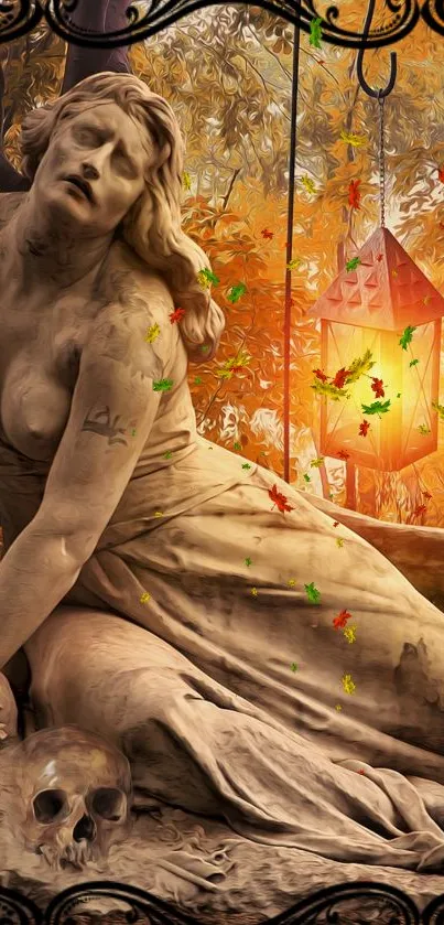 Classical statue with a glowing lantern and autumn leaves in an artistic setting.