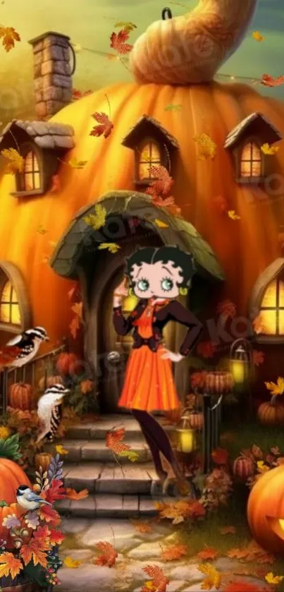 Enchanting autumn scene with pumpkin house and festive leaves.