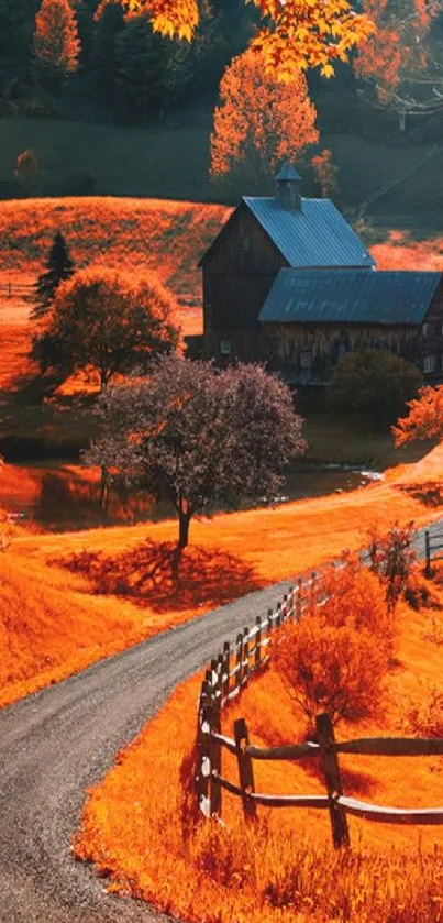 Scenic autumn farm road with vibrant orange leaves and a rustic barn.