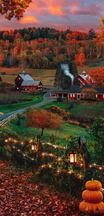 Picturesque autumn farm at sunset with vibrant foliage.