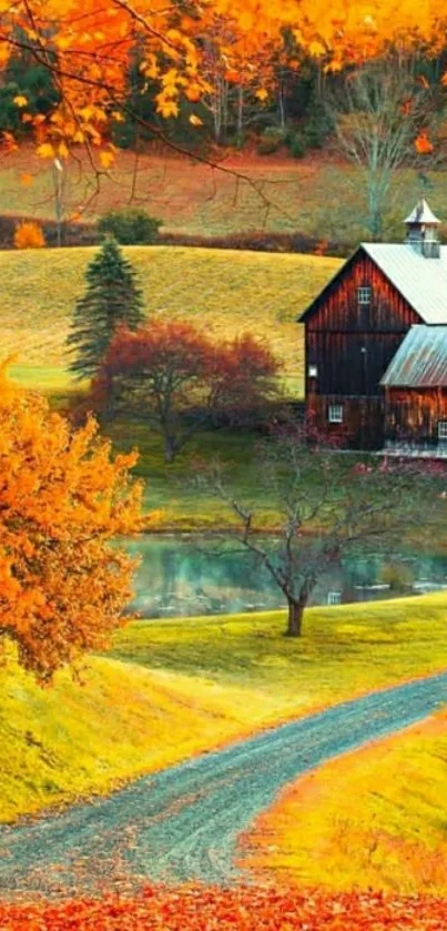 Scenic autumn farmhouse with vibrant fall leaves.