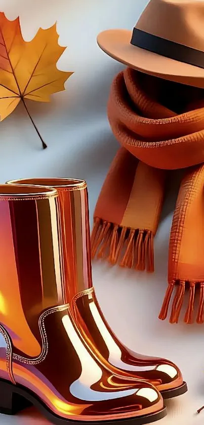 Autumn fashion scene with orange boots, hat, scarf, and leaves.