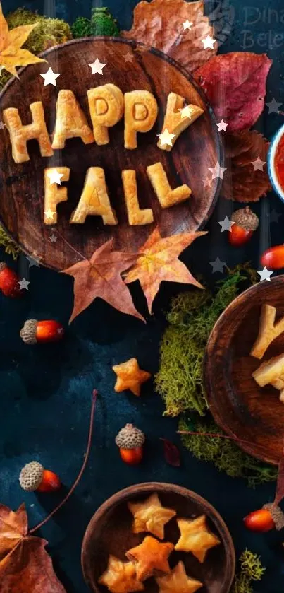 Mobile wallpaper with Happy Fall text and autumn leaves.