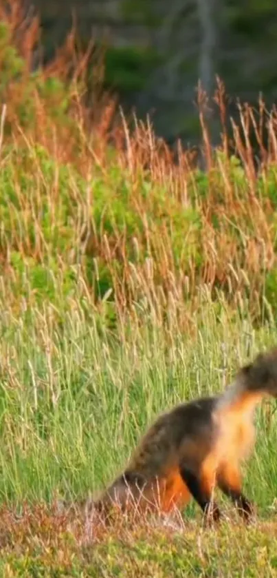 Fox in an autumn field, surrounded by tall grass and greenery.