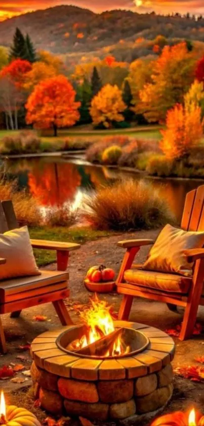 Cozy outdoor firepit with autumn foliage and vibrant colors.