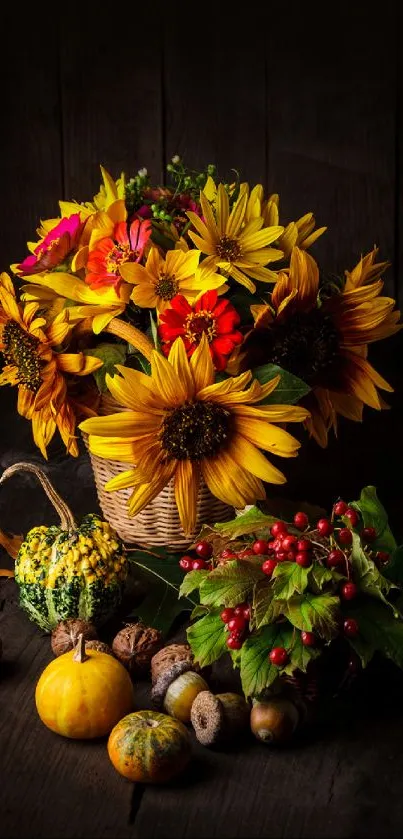 Vibrant autumn floral basket with sunflowers and pumpkins.