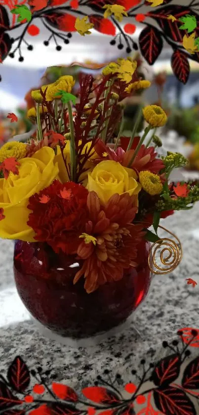 Vibrant autumn floral arrangement with red and yellow flowers in a glass vase.