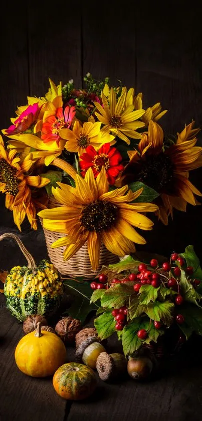 Mobile wallpaper with sunflowers and pumpkins against a dark wooden background.