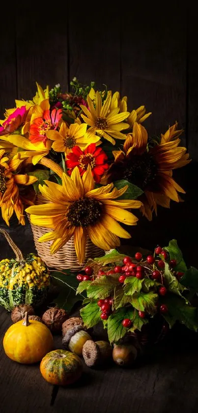 Colorful autumn flowers with pumpkins on dark background.