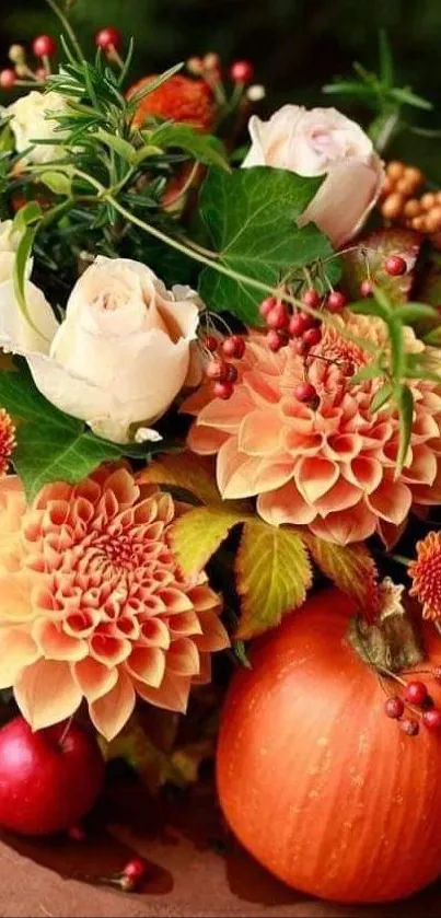 Elegant autumn floral arrangement with pumpkins and flowers.