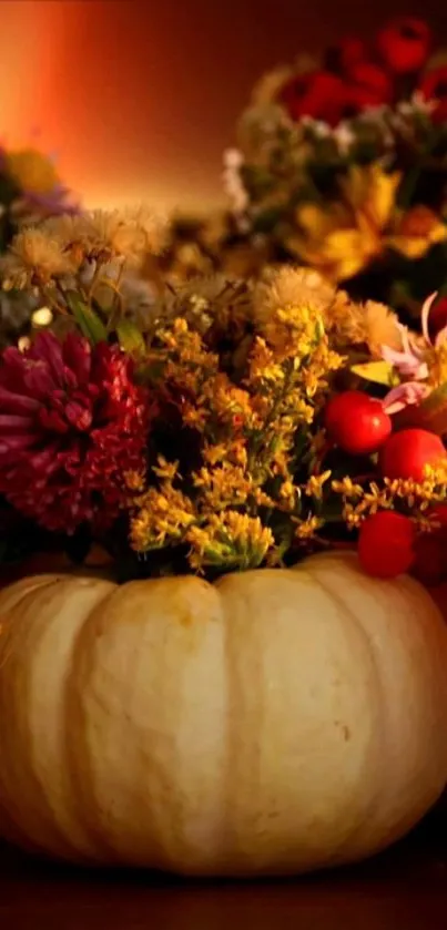 Autumn pumpkin with colorful floral arrangement for a seasonal touch.