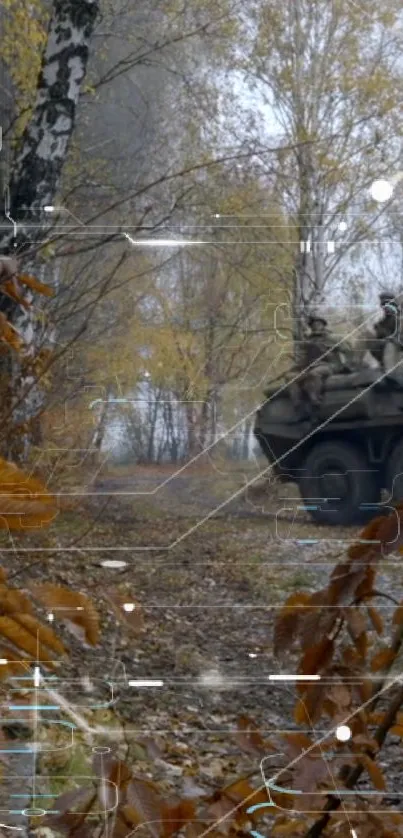 Military vehicle in autumn forest with fall leaves and rustic scenery.