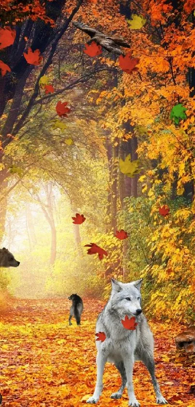 Vibrant autumn forest with animals on a sunlit path.