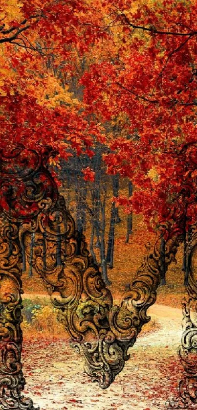 Artistic autumn forest with vibrant leaves and intricate design.