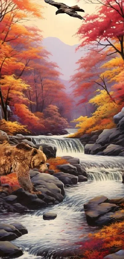 Bear and bird among autumn leaves by a stream in a serene forest wallpaper.