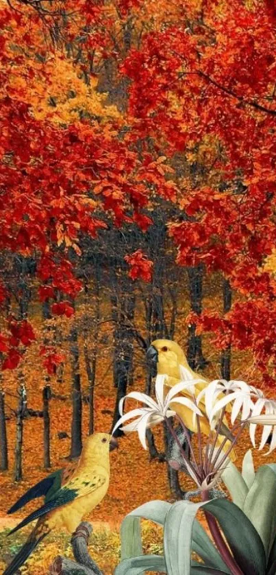 Vibrant autumn forest with birds and flowers.