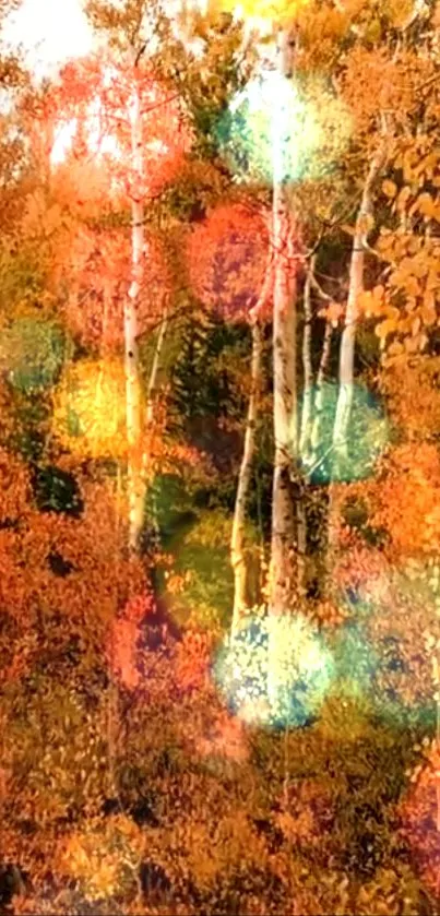 Vibrant autumn forest with bokeh effects and orange foliage.