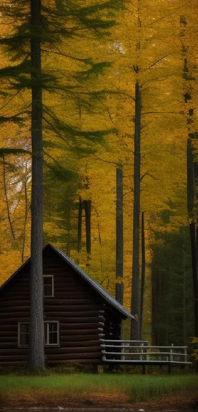 Autumn forest cabin with golden trees and serene backdrop.