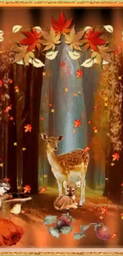 Deer in an autumn forest surrounded by colorful leaves.