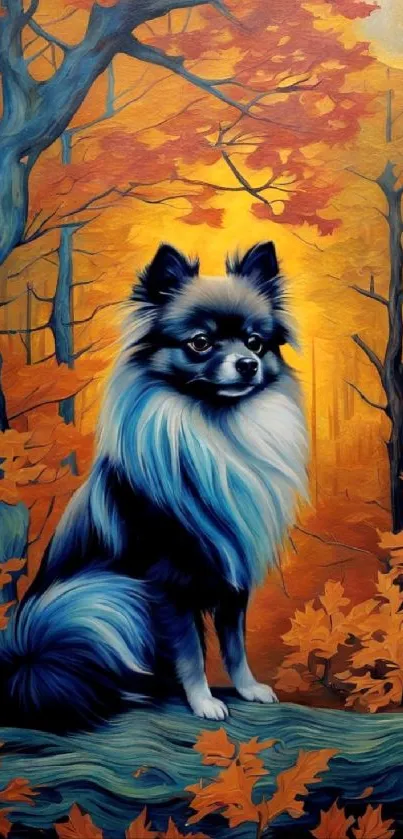 Fluffy black and white dog in an autumn forest with orange leaves art.