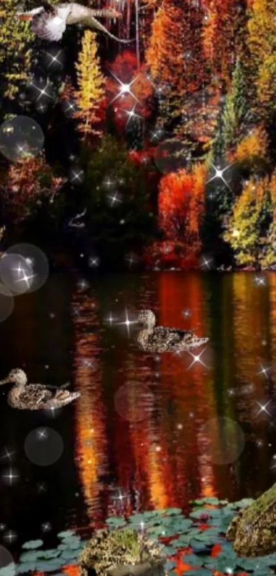 Autumn forest with ducks and sparkling reflections on a serene lake.