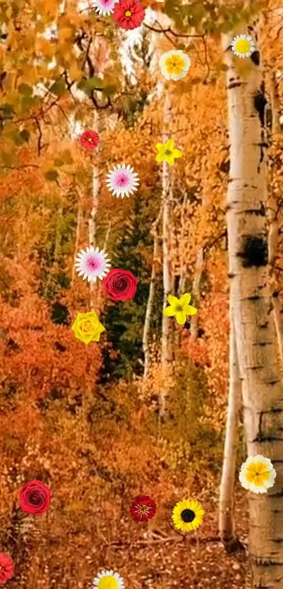 Autumn forest with birch trees and colorful flowers as mobile wallpaper.