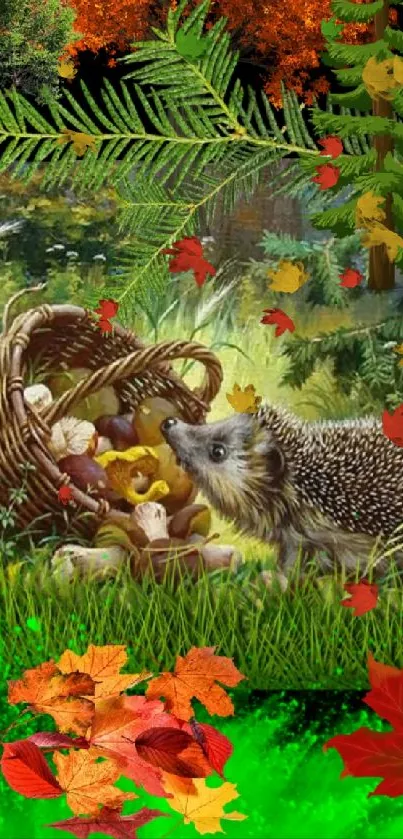 Hedgehog in autumn forest with colorful leaves.