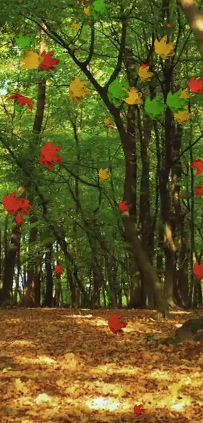 Autumn forest scene with green and orange leaves falling gracefully.