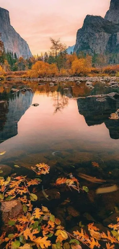 Autumn landscape with mountains and reflection in a peaceful forest setting.