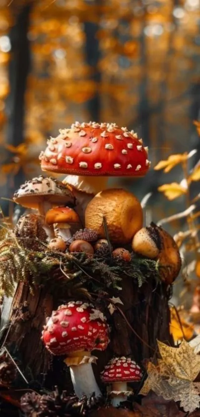 Vibrant autumn forest with colorful mushrooms.