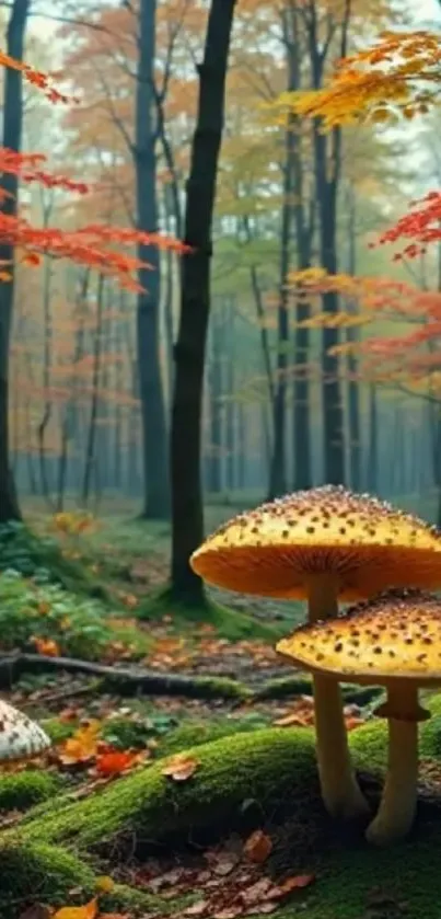 Mushrooms in an autumn forest with colorful trees and foliage.
