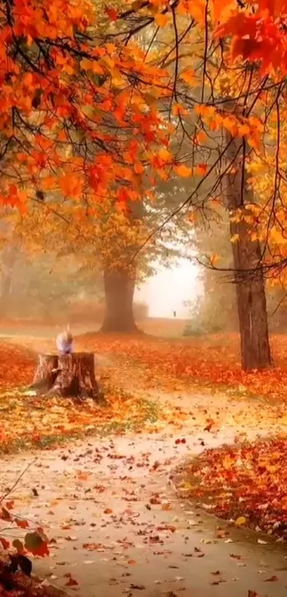 Serene autumn forest path with vibrant orange leaves and a rustic tree-lined trail.